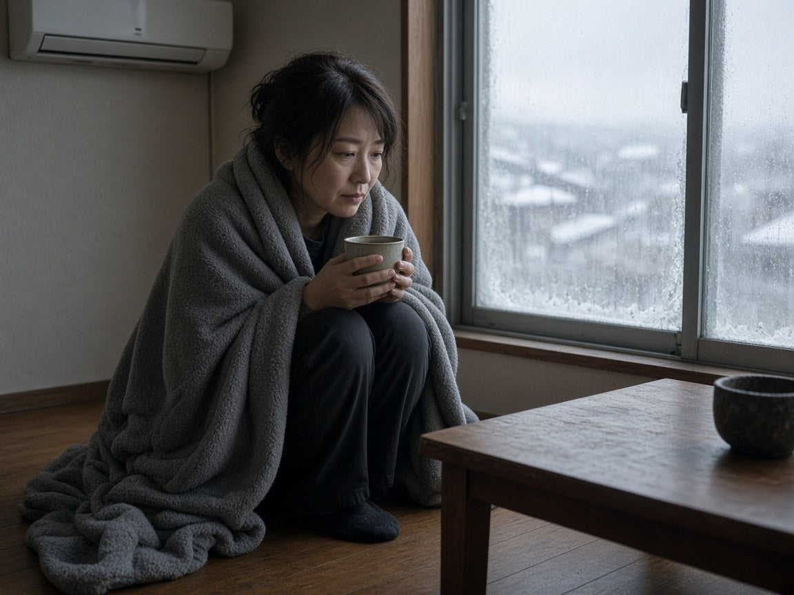 毛布にくるまる女性