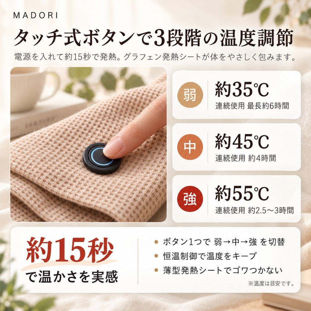 タッチ式ボタンで3段階の温度調節（弱約35℃・中約45℃・強約55℃ 目安）約15秒で発熱