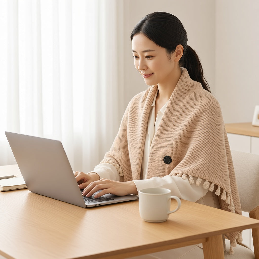在宅ワーク中にMADORIヒートショールを肩にかけて使用する女性