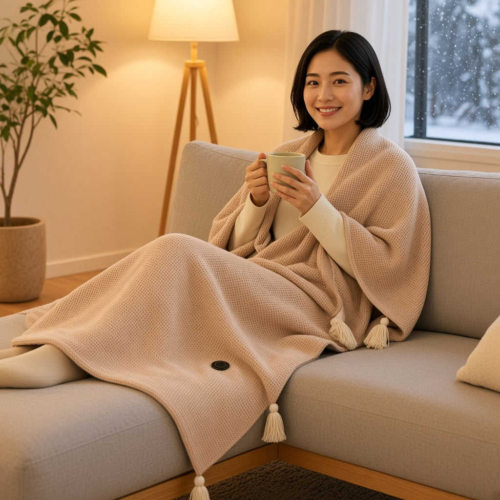 ソファでMADORIヒートショールをひざ掛けにしてくつろぐ女性