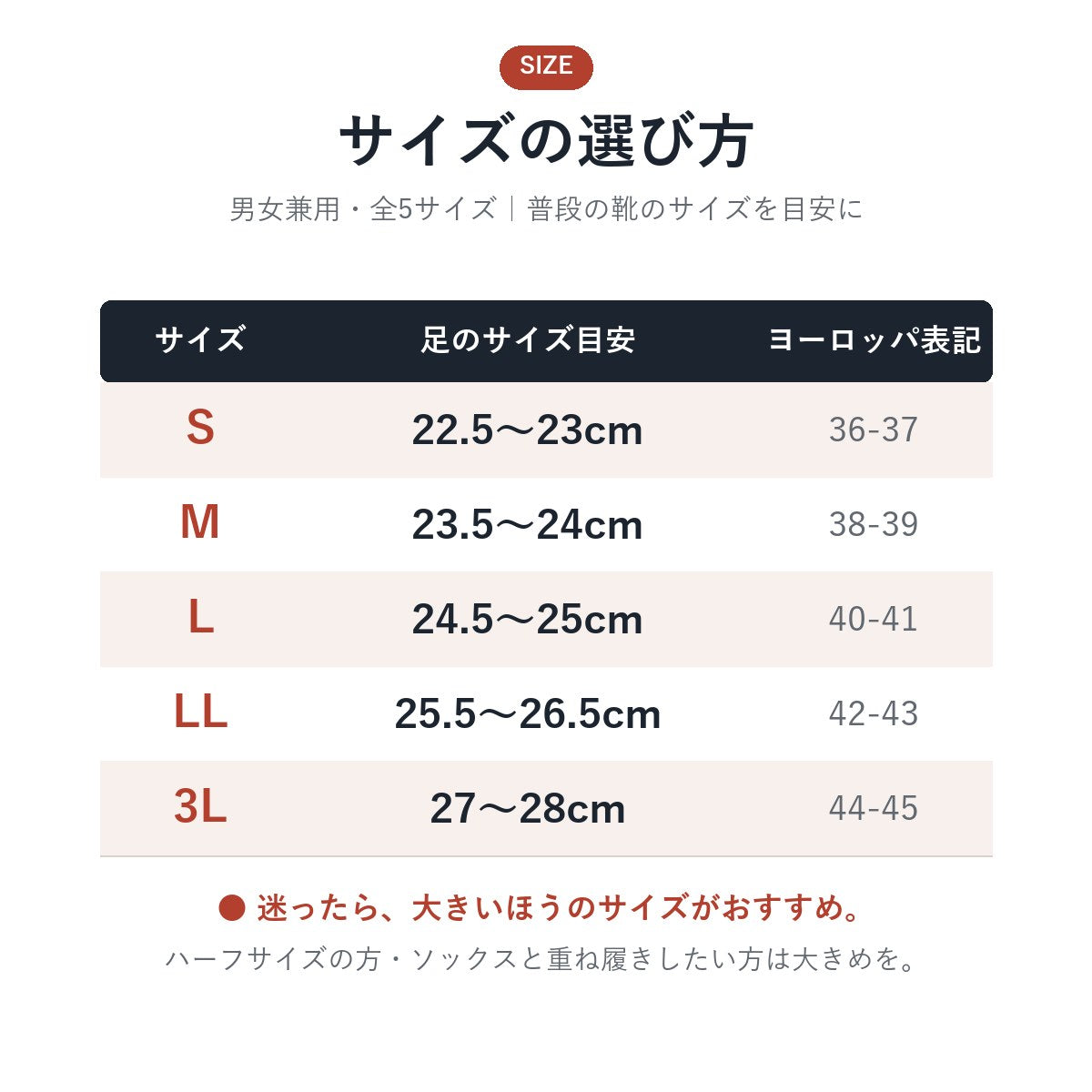 サイズの選び方 S〜3L サイズ表